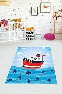 Pelangi Denizci Gemi Desenli Dijital Baskı Yıkanabilir Kaymaz Taban Çocuk Odası Halısı, Mavi 80 x 350
