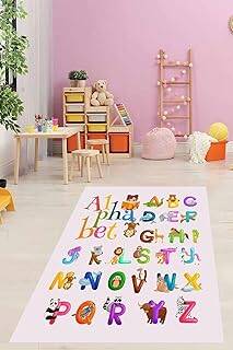 Pelangi Eğitici Alfabe Harfler ve Hayvanlar Desenli Yıkanabilir Kaymaz Taban Leke Tutmaz Çocuk Odası Halısı, Beyaz-Kahverengi-Yeşil 80 x 400, 903868013980400 - 1