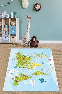 Pelangi Eğitici Harita Yıkanabilir Kaymaz Taban Leke Tutmaz Çocuk Odası Halısı, Açıkmavi-Yeşil-Sarı 180 x 300, 9038680019180300 - 1