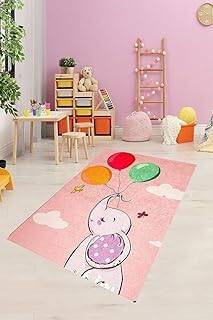 Pelangi Fil Desenli Dijital Baskılı Kaymaz Taban Çocuk Odası Halısı, Pudra-Lacivert 100 x 100