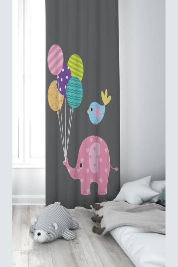 Pelangi Fil Ve Balon Desenli Dijital Baskı Yıkanabilir Bebek Çocuk Odası Fon Perdesi, füme 140 x 240