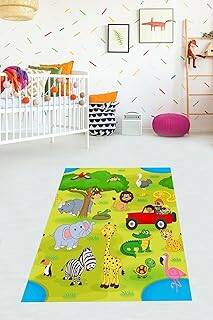 Pelangi Fil Zürafa Zebra Timsah Desen Dijital Baskı Yıkanabilir Kaymaz Taban Leke Tutmaz Çocuk Odası Halısı, Renkli 80 x 150