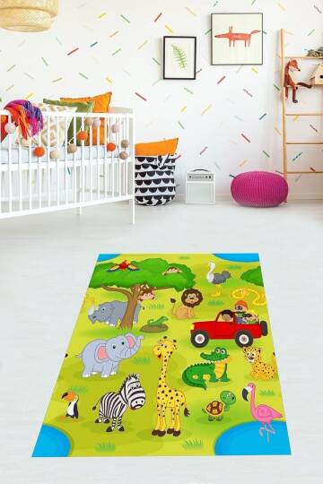 Pelangi Fil Zürafa Zebra Timsah Desen Dijital Baskı Yıkanabilir Kaymaz Taban Leke Tutmaz Çocuk Odası Halısı, Renkli 80 x 150