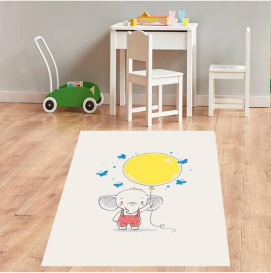 Pelangi Filli Balonlu Kelebekli Dijital Baskı Yıkanabilir Kaymaz Taban Fil Desenli Bebek Odası Halısı, Beyaz 160 x 250