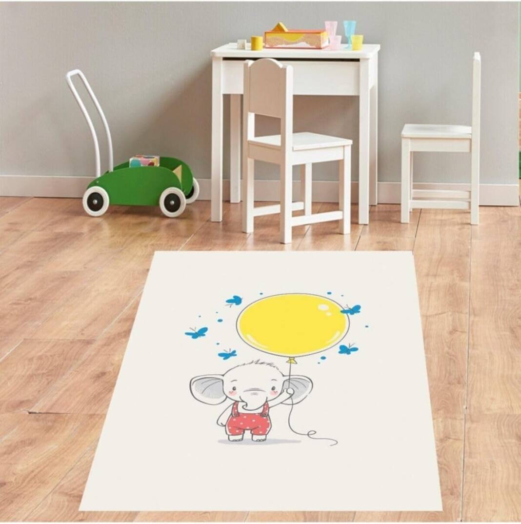 Pelangi Filli Balonlu Kelebekli Dijital Baskı Yıkanabilir Kaymaz Taban Fil Desenli Bebek Odası Halısı, Beyaz 160 x 250 - 1