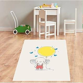 Pelangi Filli Balonlu Kelebekli Dijital Baskı Yıkanabilir Kaymaz Taban Fil Desenli Bebek Odası Halısı, Beyaz 160 x 250