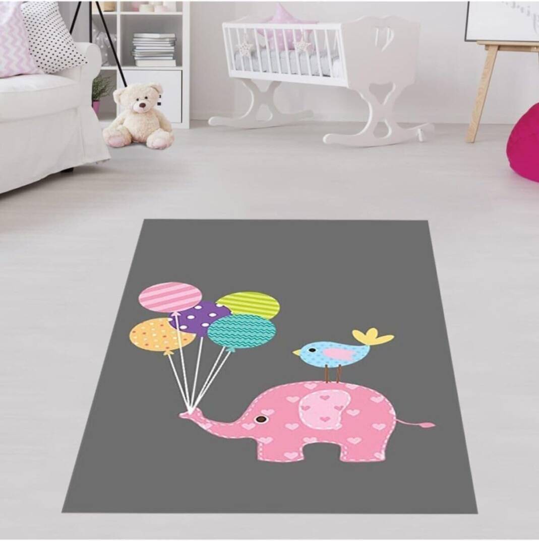 Pelangi Filli Balonlu Kuşlu Dijital Baskı Yıkanabilir Kaymaz Taban Leke Tutmaz Fil Desenli Bebek Odası Halıs, Pembe-Gri 100 x 500 - 1