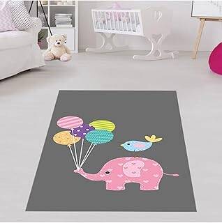 Pelangi Filli Balonlu Kuşlu Dijital Baskı Yıkanabilir Kaymaz Taban Leke Tutmaz Fil Desenli Bebek Odası Halıs, Pembe-Gri 100 x 500 - 1