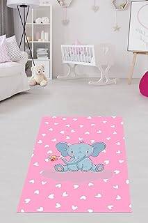 Pelangi Filli Çiçekli Kalpli Dijital Baskı Yıkanabilir Kaymaz Taban Fil Desenli Bebek Odası Halısı, Koyu Pembe-Gri 80 x 250 - 1