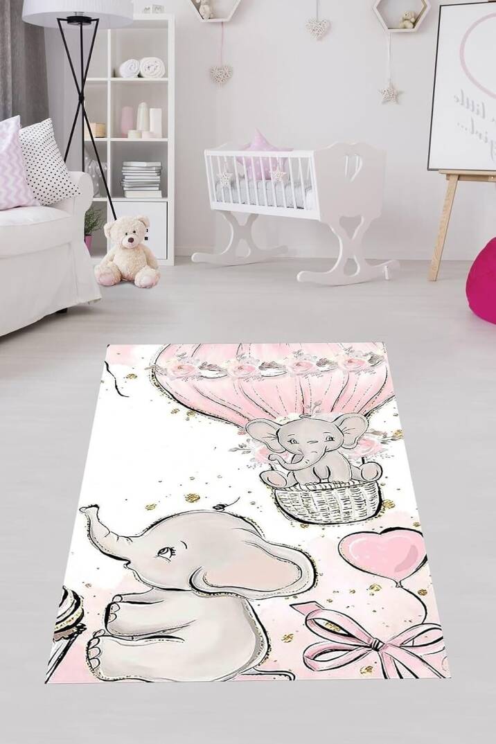 Pelangi Filli Uçan Balonlu Kalpli Dijital Baskı Yıkanabilir Kaymaz Taban Fil Desenli Bebek Odası Halısı, Karışık Renkli 80 x 200 - 1