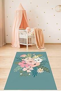 Pelangi Floral Çiçekli Minimal Bohem Tarz Yıkanabilir Kaymaz Taban Leke Tutmaz Çocuk Odası Halısık, Petrol Yeşili-Renkli 80 x 50