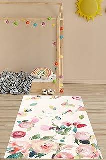 Pelangi Floral Suluboya Çiçekli Minimal Bohem Tarz Yıkanabilir Kaymaz Taban Leke Tutmaz Çocuk Odası Halısık, Uçuk Pembe 60 x 200