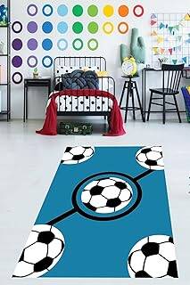 Pelangi Futbol Topu Desenli Mavi Yıkanabilir Kaymaz Taban Leke Tutmaz Çocuk Odası Halısı, Mavi-Siyah-Beyaz 80 x 250, 9038680032280250 - 1