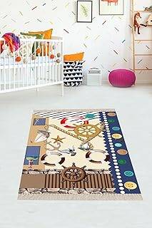 Pelangi Gemi Yelken Desenli Dijital Baskılı Kaymaz Taban Çocuk Odası Halısı, Bej 120 x 120 - 1