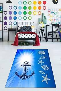 Pelangi Gemici Desen Çapa Dijital Baskı Yıkanabilir Kaymaz Taban Yıkanır Çocuk Odası Denizci Halısı, Mavi 180 x 300 - 1