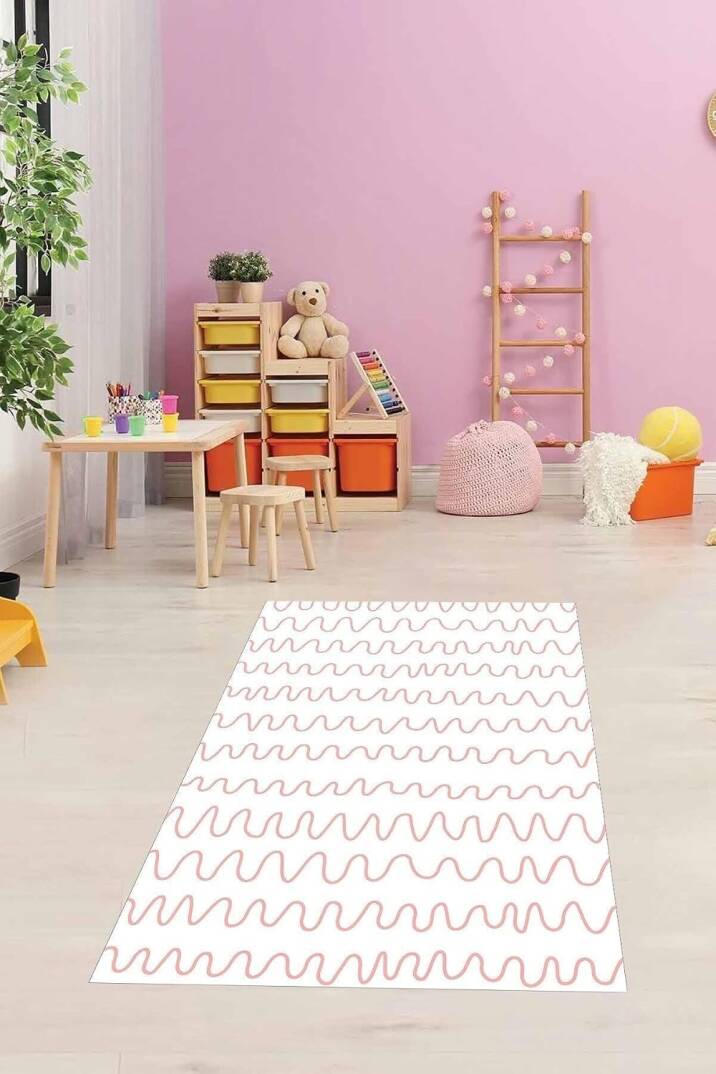 Pelangi Gemici Desenli Deniz Feneri Çapa Yunus Dijital Baskı Yıkanabilir Kaymaz Taban Çocuk Odası Halısı, Pembe-Beyaz 80 x 350 - 1