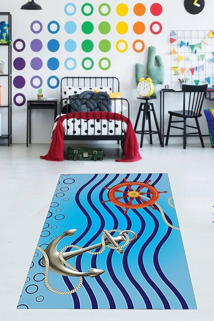 Pelangi Gemici Desenli Dümen Çapa Dijital Baskı Yıkanabilir Kaymaz Taban Çocuk Ve Genç Odası Halısı, Mavi 130 x 180 - 1