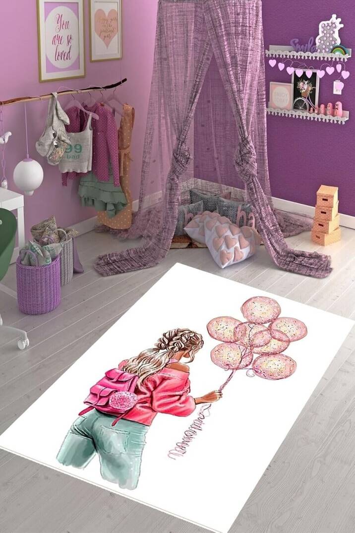 Pelangi Genç Kız Balon Desenli Çiçekli Halı Dijital Baskı Yıkanabilir Kaymaz Taban Kız Çocuk Odası Halısı, Renkli 100 x 350 - 1