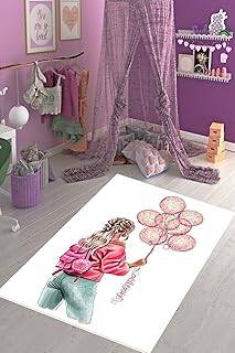 Pelangi Genç Kız Balon Desenli Çiçekli Halı Dijital Baskı Yıkanabilir Kaymaz Taban Kız Çocuk Odası Halısı, Renkli 100 x 350
