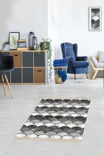 Pelangi Geometrik Desenli Dijital Baskı Yıkanabilir Kaymaz Taban Etnik Kilim Desen Salon, Gri - Beyaz 180 x 280