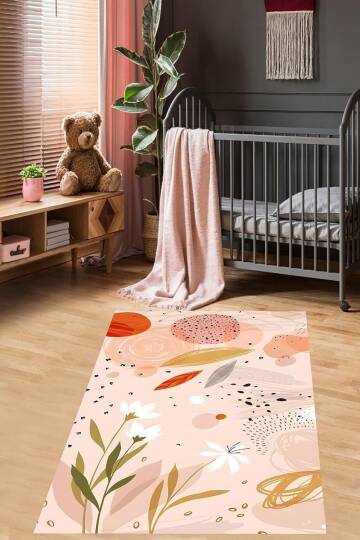 Pelangi Geometrik Şekiller ve Çiçekler Yıkanabilir Kaymaz Taban Leke Tutmaz Çocuk Odası Halısık, Somon-Pembe-Yeşil 120 x 200