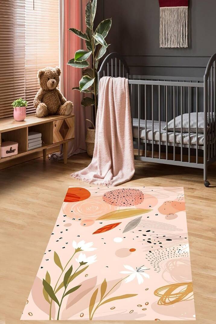 Pelangi Geometrik Şekiller ve Çiçekler Yıkanabilir Kaymaz Taban Leke Tutmaz Çocuk Odası Halısık, Somon-Pembe-Yeşil 120 x 200 - 1