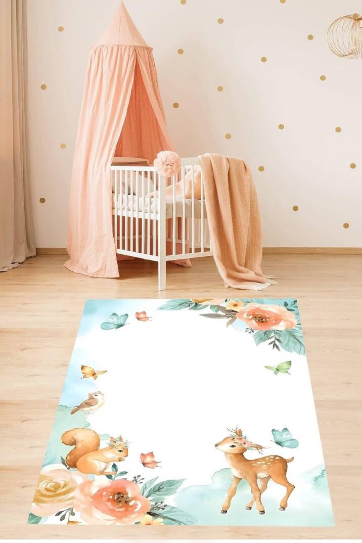 Pelangi Geyik Sincap Kelebek ve Güller Sulu Boya Yıkanabilir Kaymaz Taban Leke Tutmaz Çocuk Odası Halısık, Mavi-Pembe-Kahve 180 x 280 - 1