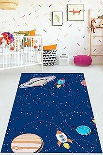 Pelangi Gezegen Desenli Eğitici Yıkanabilir Kaymaz Taban Leke Tutmaz Çocuk Odası Halısı, Lacivert 120 x 200, 9076420240120200 - 1