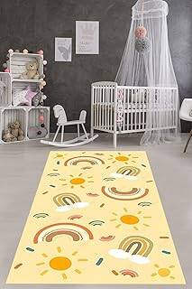 Pelangi Gökkuşağı Bohem İskandinav Tarzı Yıkanabilir Kaymaz Taban Leke Tutmaz Çocuk Odası Halısı, Sarı-Turuncu-Bej 180 x 250, 7642010818025005