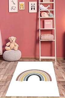 Pelangi Gökkuşağı Desenli Makrome Temalı Yıkanabilir Kaymaz Taban Leke Tutmaz Çocuk Odası Halısık, Çok Renkli-Beyaz 160 x 240, 76420271602401