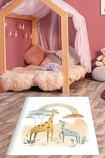 Pelangi Gökkuşağı Zürafa Safari Pastel Renkli Yıkanabilir Kaymaz Taban Leke Tutmaz Çocuk Odası Halısık, Somon-Mavi 40 x 40, 764203140401 - 1
