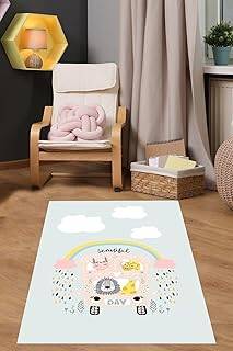Pelangi Gökkuşaklı ve Bulutlu Beautiful Day Yazılı Yıkanabilir Kaymaz Taban Leke Tutmaz Çocuk Odası Halısı, Mavi-Pembe 100 x 150, 9038680150100150 - 1