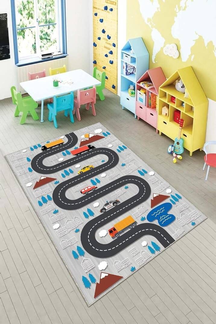 Pelangi Gri Araba Yollu Trafik Yıkanabilir Kaymaz Taban Leke Tutmazbebek Ve Çocuk Odası Halısı, Mavi-Gri 80 x 300 - 1
