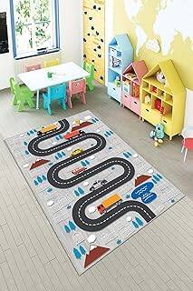 Pelangi Gri Araba Yollu Trafik Yıkanabilir Kaymaz Taban Leke Tutmazbebek Ve Çocuk Odası Halısı, Mavi-Gri 80 x 300