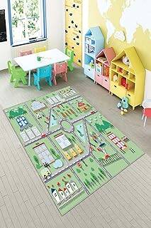 Pelangi Gri Araba Yollu Trafik Yıkanabilir Kaymaz Taban Leke Tutmazbebek Ve Çocuk Odası Halısı, Su Yeşili 120 x 160