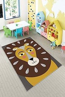 Pelangi Gri Aslan Desenli Çocuk Yıkanabilir Kaymaz Taban Leke Tutmazbebek Ve Çocuk Odası Halısı, Kahverengi-Taba 80 x 500, 90135704680500 - 1