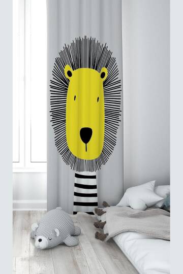 Pelangi Gri Aslan Desenli Dijital Baskı Yıkanabilir Bebek Çocuk Odası Fon Perdesi, gri-sarı 140 x 270