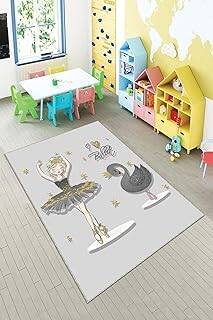 Pelangi Gri Balerin Ve Kuğu Desenli Yıkanabilir Kaymaz Taban Leke Tutmazbebek Ve Çocuk Odası Halısı, Gri-Gold 160 x 230