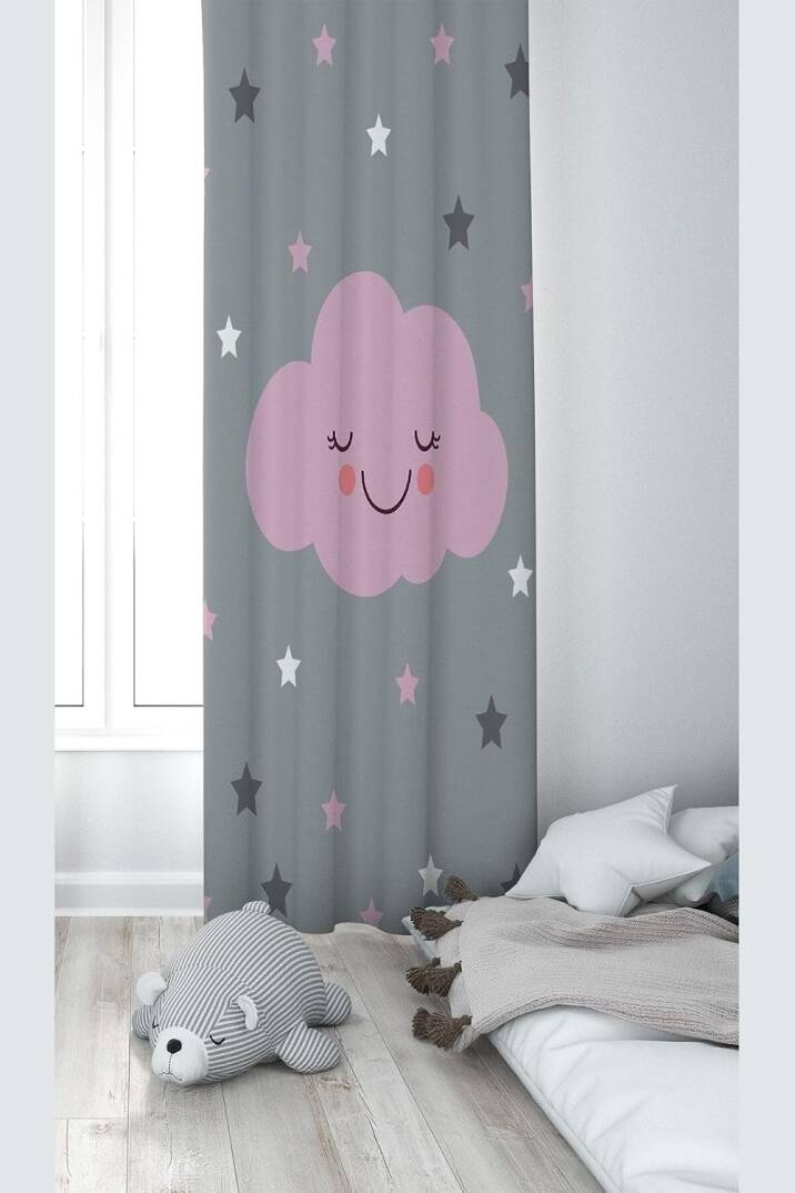 Pelangi Gri Bulut Desenli Dijital Baskı Yıkanabilir Bebek Çocuk Odası Fon Perdesi, gri-mavi 70 x 200 - 1
