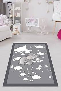 Pelangi Gri Bulut Üzerinde Sevimli Fil ve Kuzu Yıkanabilir Kaymaz Taban Leke Tutmaz Çocuk Odası Halısı, Gri 120 x 160, 90386800572120160