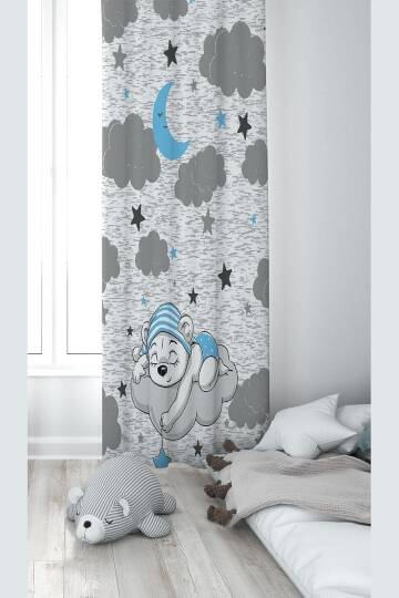 Pelangi Gri Bulutun Üzerinde Uyuyan Ayıcık Desenli Dijital Baskı Yıkanabilir Bebek Çocuk Odası Fon Perdesi, gri-mavi 70 x 270