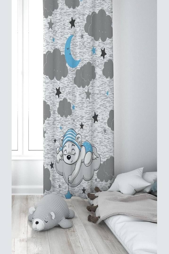 Pelangi Gri Bulutun Üzerinde Uyuyan Ayıcık Desenli Dijital Baskı Yıkanabilir Bebek Çocuk Odası Fon Perdesi, gri-mavi 70 x 270 - 1