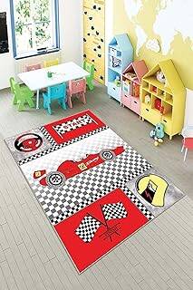 Pelangi Gri F1 Ralli Desenli Yıkanabilir Kaymaz Taban Leke Tutmazbebek Ve Çocuk Odası Halısı, Gri-Kırmızı 100 x 500