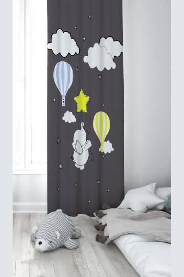 Pelangi Gri Fil Ve Bulut Desenli Dijital Baskı Yıkanabilir Bebek Çocuk Odası Fon Perdesi, füme 140 x 200