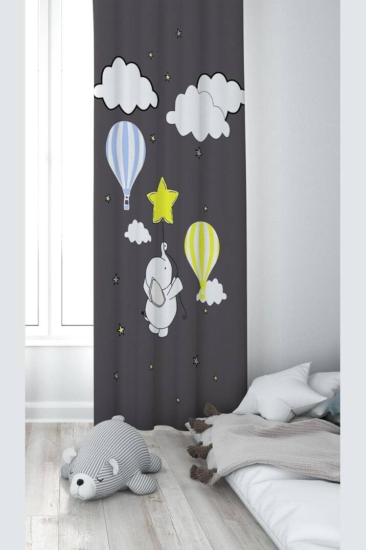 Pelangi Gri Fil Ve Bulut Desenli Dijital Baskı Yıkanabilir Bebek Çocuk Odası Fon Perdesi, füme 140 x 200 - 1