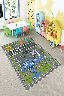 Pelangi Gri Havalimanı Ve Uçak Desenli Yıkanabilir Kaymaz Taban Leke Tutmazbebek Ve Çocuk Odası Halısı, Gri-Yeşil 80 x 50 - 1