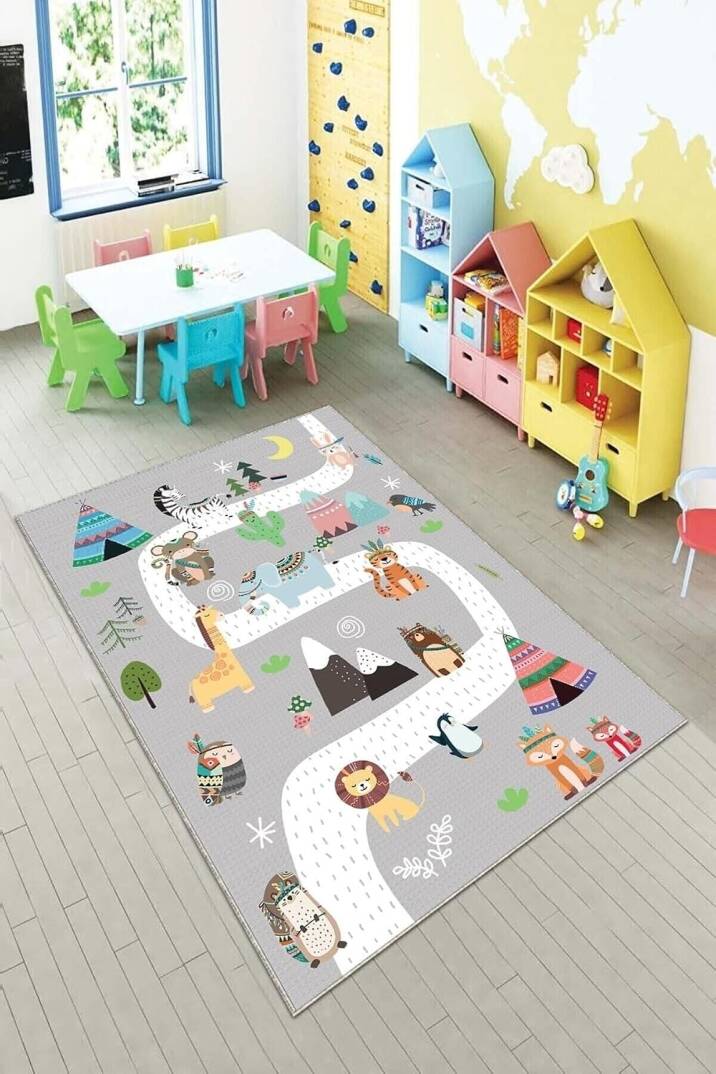 Pelangi Gri Hayvan Desenli Yıkanabilir Kaymaz Taban Leke Tutmazbebek Ve Çocuk Odası Halısı, Çok Renkli 80 x 500 - 1