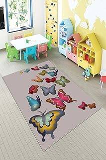 Pelangi Gri Kelebekler Desenli Yıkanabilir Kaymaz Taban Leke Tutmazbebek Ve Çocuk Odası Halısı, Gri-Pembe 80 x 350, 90135716680350 - 1
