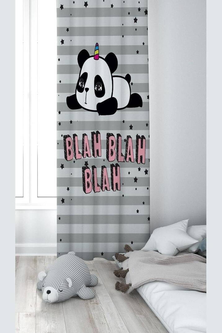 Pelangi Gri Panda Desenli Dijital Baskı Yıkanabilir Bebek Çocuk Odası Fon Perdesi, gri 70 x 200, 110381702001 - 1