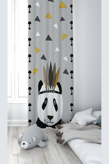 Pelangi Gri Panda Desenli Dijital Baskı Yıkanabilir Bebek Çocuk Odası Fon Perdesi, gri 70 x 240, 1103168702401